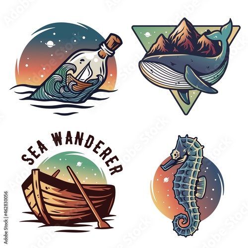 Nautical or oceanic design for print. Sea set with seahorse and boat. Marine bottle and whale