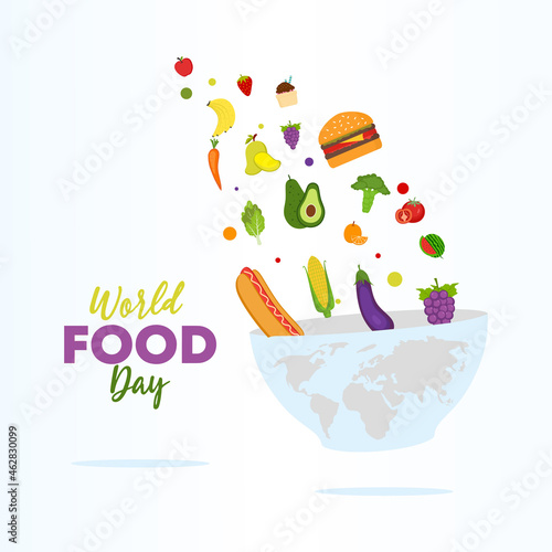 World food day illustration vector, decoration of meal, vegetables and fruits. Creative concept for healthy foods celebration banner.