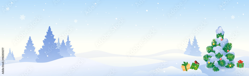 Vector cartoon illustration of Christmas tree, winter panoramic landscape - obrazy, fototapety, plakaty 
