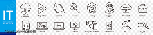 IT information technology, software, website content, network system, web design, mobile device, icon set editable stroke vector 

