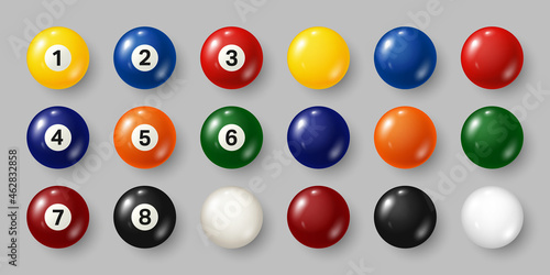 Colorful billiard, pool balls with numbers on gray background. Realistic glossy snooker ball. Vector illustration.