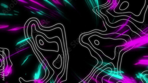 Animation of neon lights and isohypses on black background photo