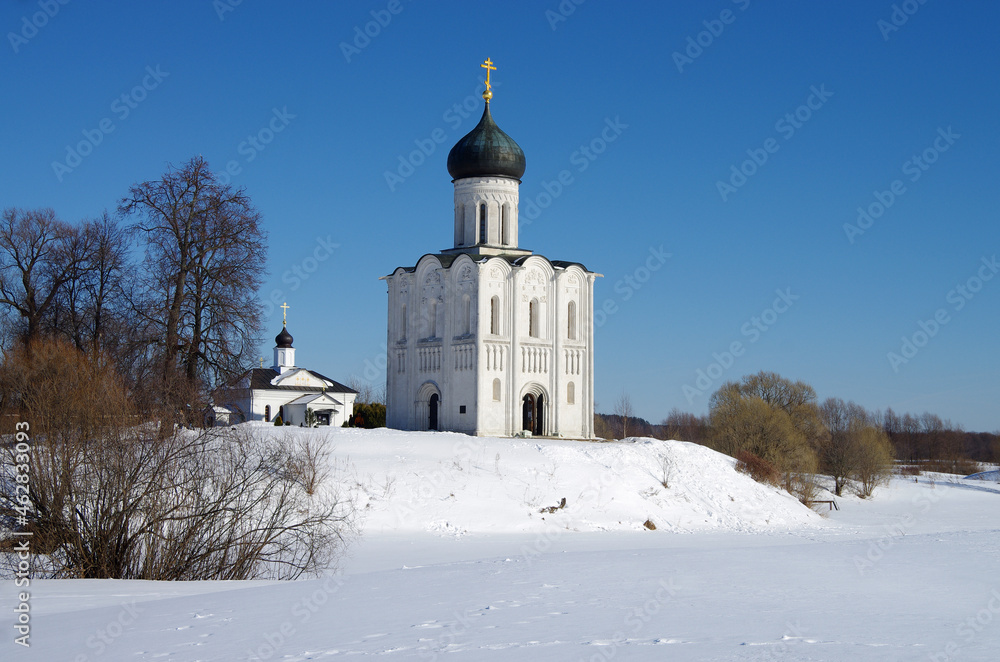 Russia, Bogolyubovo - March, 2021: Church of the Intercession on the Nerl. Orthodox church and a symbol of medieval Russia, Vladimir region