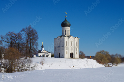 Russia, Bogolyubovo - March, 2021: Church of the Intercession on the Nerl. Orthodox church and a symbol of medieval Russia, Vladimir region