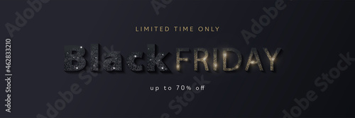 Black Friday Sale banner. Modern minimal design with sparkling glittering black and gold text typography. Template for promotion, advertising, web, social and fashion ads. Vector illustration.