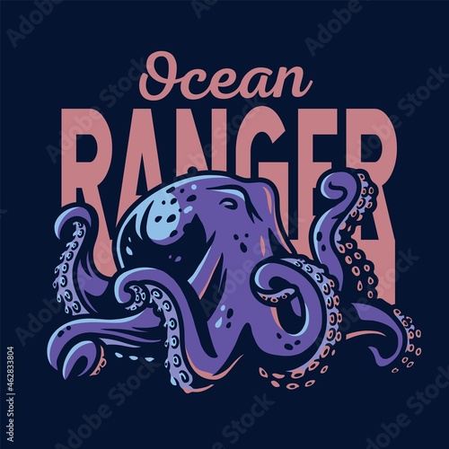 Sea or nautical octopus monster or kraken. Marine wanderlust and adventure design for print. Oceanic explorer