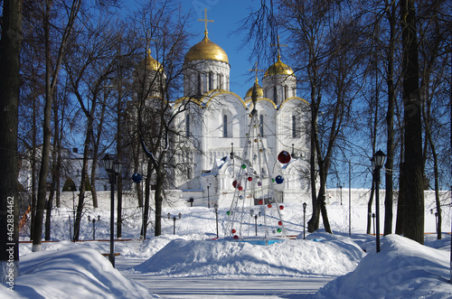 Vladimir, Russia - March, 2021: Dormition Cathedral in winter sunny day