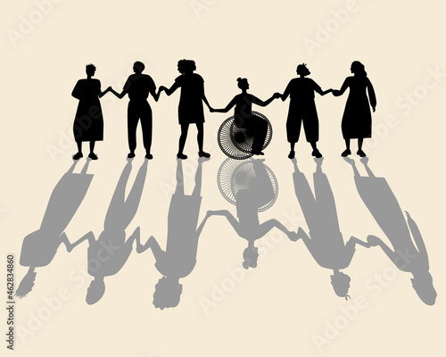 Women holding hands, silhouette vector stock illustration with group of different people, feminist women, disabled person, islamic woman together