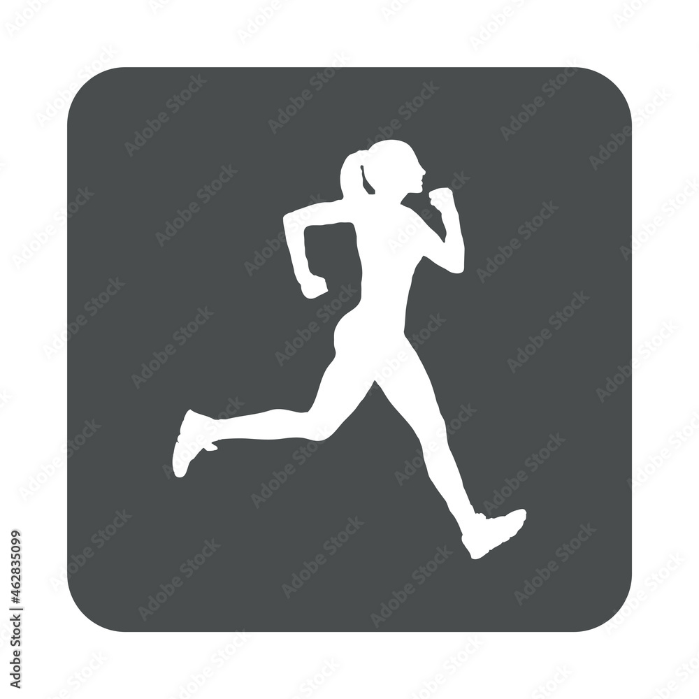 Logotipo carrera a pie. Icono con silueta de mujer corredora en cuadrado color gris
