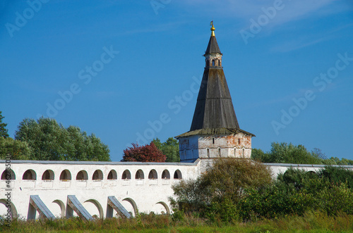 Village Teryaevo, Volokolamsk district, Moscow region, Russia - September, 2020:  Iosifo-Volotsky monastery, kremlin wall and tower photo