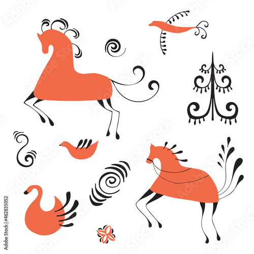 Vector illustration with national Russian Mezen painting. Doodle drawing.