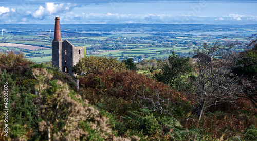 Cornish mine engine house (dis-used) on Bodmin moor, near Minions, in autumn. 
Views across Cornwall & West Devon