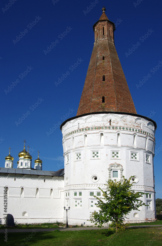 Village Teryaevo, Volokolamsk district, Moscow region, Russia - September, 2020:  Iosifo-Volotsky monastery, kremlin wall and tower