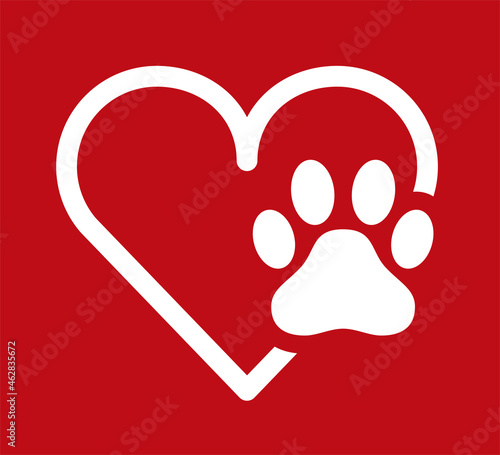 Red white heart pet paw print dog cat vector icon