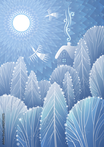 Vector winter fabulous xmas landscape. Forest, rustic cosy house, clear sky and sun. Frost cold weather.