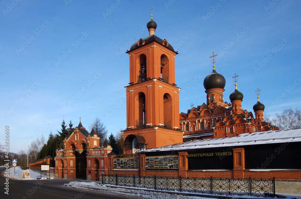 Village Markovo, Russia  -December 2020:  Compound of the Intercession Monastery at the Church of the Kazan Icon of the Mother of God