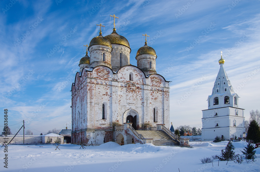 Mozhaisk, Russia - February, 2021: Luzhnetsky Ferapontovsky monastery in winter frozen day Mozhaisk, Russia - February, 2021: Luzhnetsky Ferapontovsky monastery in winter frozen day