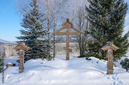 Mozhaisk, Russia - February, 2021: Luzhnetsky Ferapontovsky monastery in winter frozen day photo