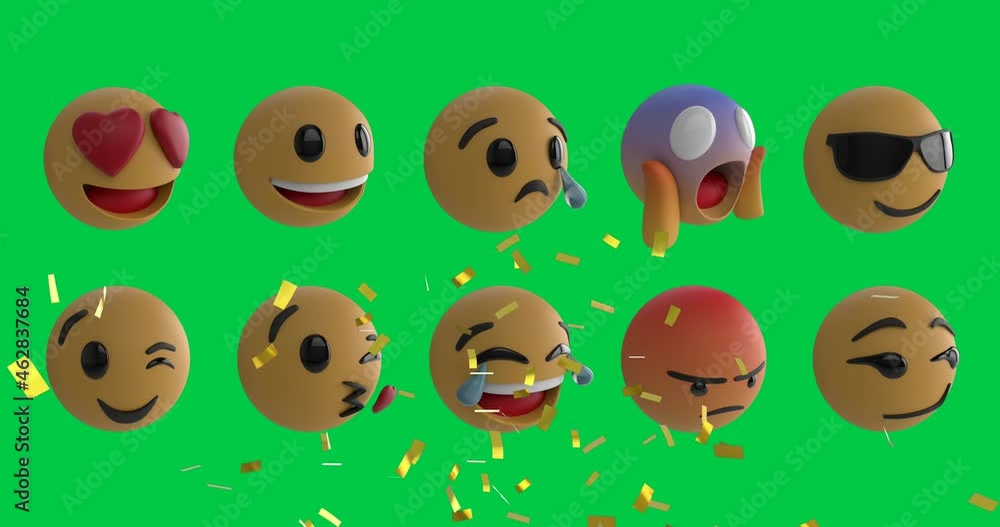 Animation of emojis icons over confetti falling on green background Animation of emojis icons over confetti falling on green background