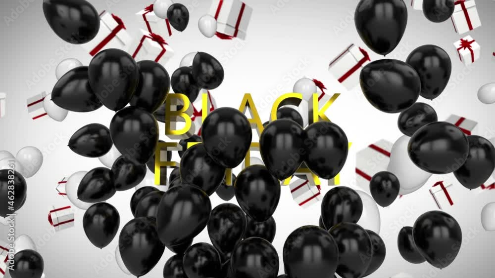 Animation of black friday text over balloons and present on white background Animation of black friday text over balloons and present on white background