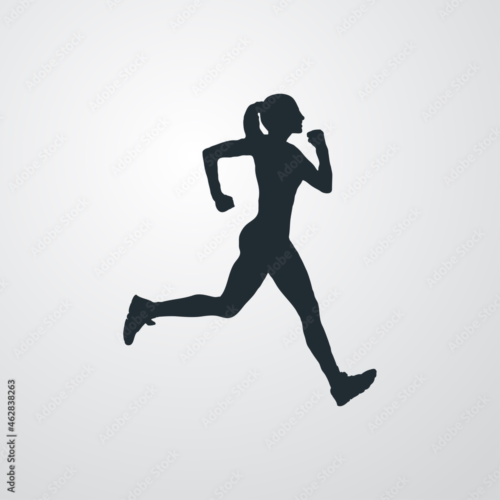 Logotipo carrera a pie. Icono con silueta de mujer corredora en fondo gris