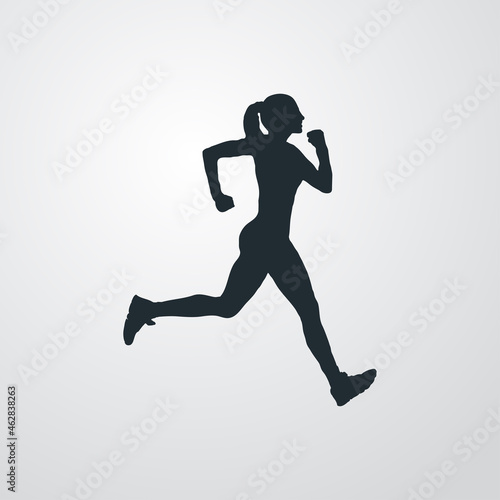 Logotipo carrera a pie. Icono con silueta de mujer corredora en fondo gris
