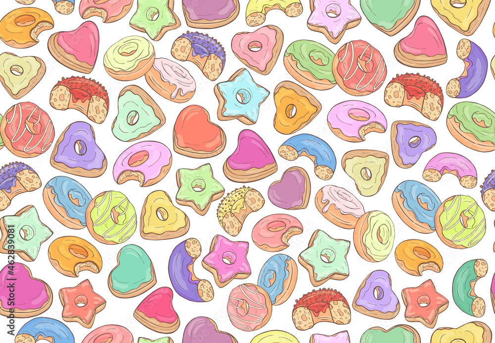 Donuts seamless pattern. Colorful yummy donuts background. Sweet food, delicious food illustration. Bakery shop,cafe wallpaper. Color doughnut different color and shape. Donuts print. Doughnut glazed