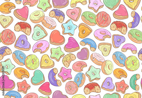 Donuts seamless pattern. Colorful yummy donuts background. Sweet food  delicious food illustration. Bakery shop cafe wallpaper. Color doughnut different color and shape. Donuts print. Doughnut glazed