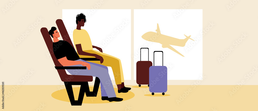 LGBTQ couple in airport lounge, Flat vector stock illustration with LGBT passengers with suitcase, Gay couple or LGBT persons