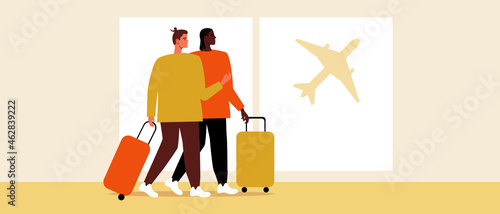 LGBTQ couple at airport, Flat vector stock illustration, People waiting for flight, Gay couple with luggage