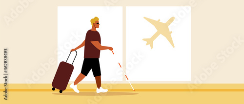 Blind person at airport, Flat vector stock illustration with Disabled person waiting for flight or Visually impaired person with luggage as Inclusive airport for the blind