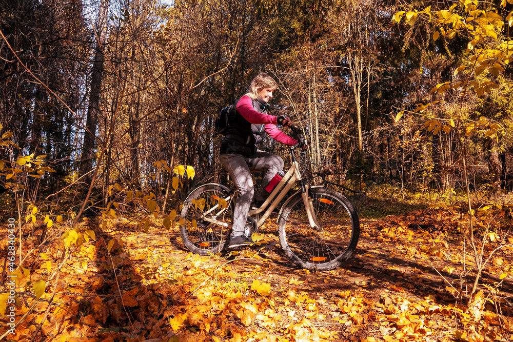 A girl rides a recreational bicycle through the park. Autumn leaves fall. A sunny autumn day.