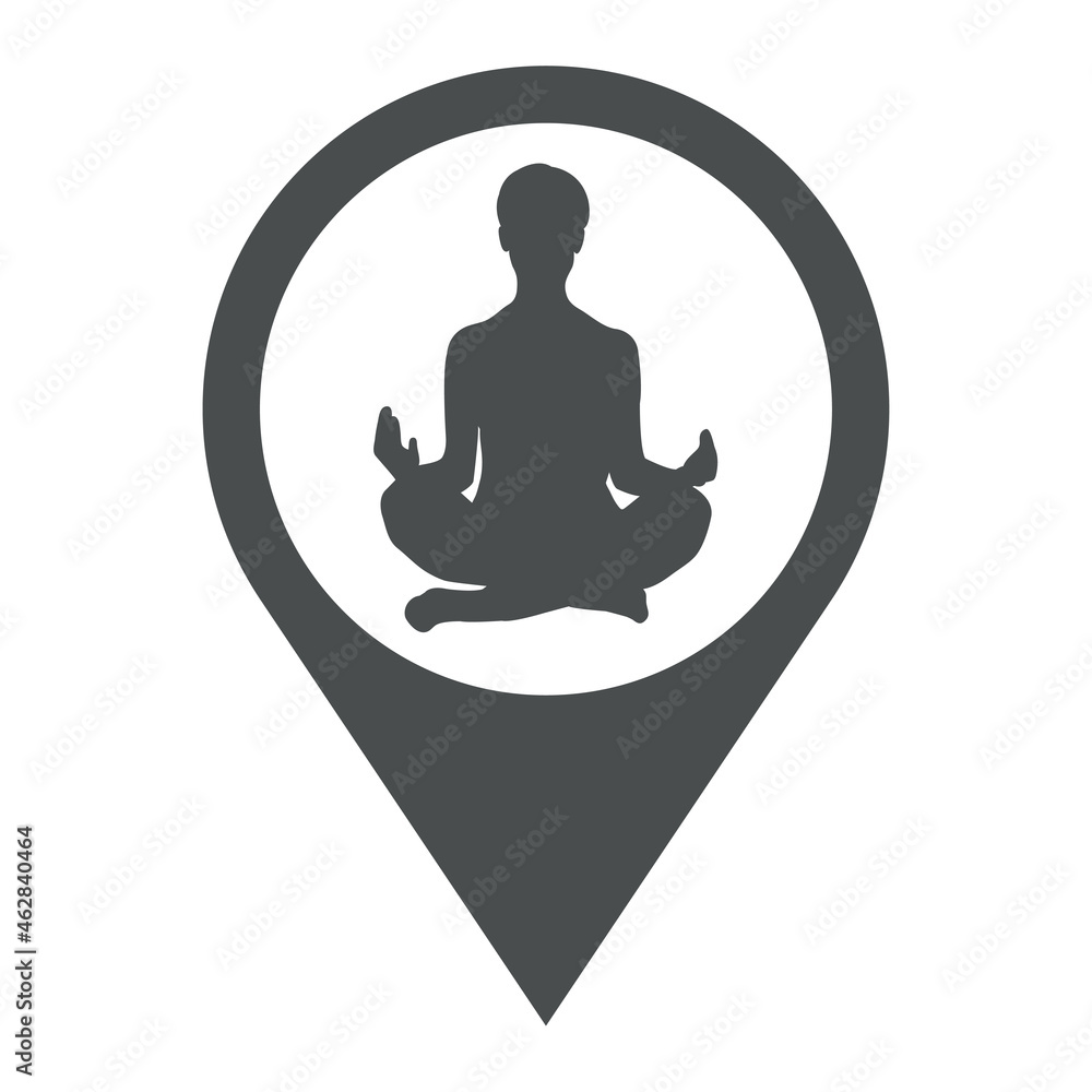 Icono plano silueta de mujer practicando la posición del loto de yoga en puntero de posición en color gris Icono plano silueta de mujer practicando la posición del loto de yoga en puntero de posición en color gris
