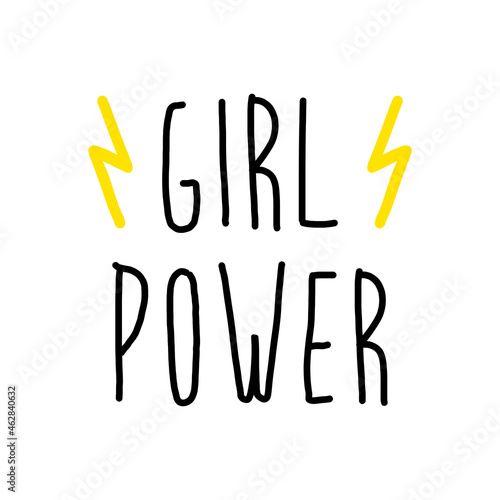 Slogan para poster. Banner con texto manuscrito Girl Power con relampago lineal en color amarillo y negro