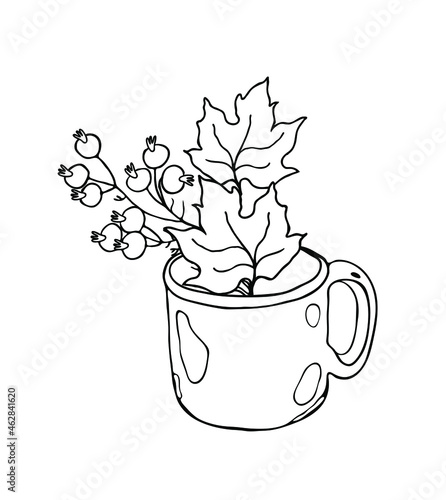 Autumn bouquet in a mug. Autumn garden  yellow leaves  a branch with berries. Autumn decorative design. Isolated vector element on a white background. 