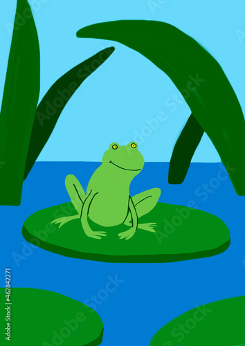 Child's drawing of frog on lily pad on the water photo