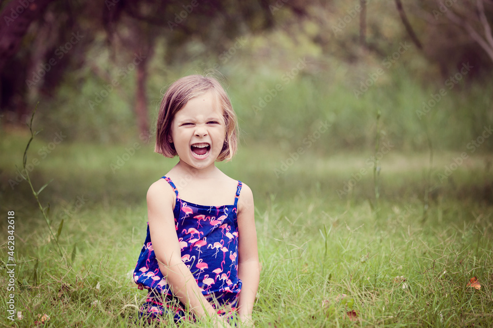 Portrait of screaming little girl on a glade