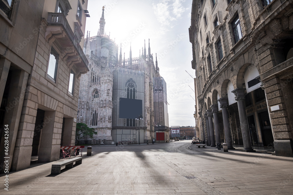 Italy, Milan, Corso Vittorio Emanuele II street with Milan Cathedral in background during COVID-19 outbreak Italy, Milan, Corso Vittorio Emanuele II street with Milan Cathedral in background during COVID-19 outbreak