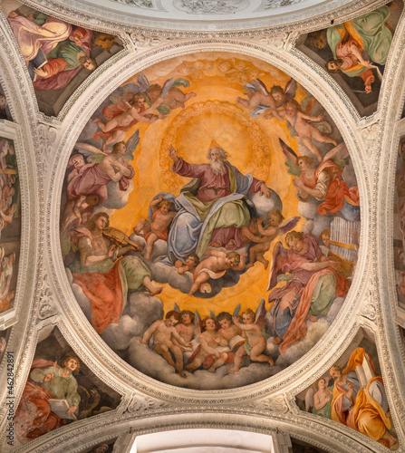 Canvastavla ROME, ITALY - AUGUST 29, 2021: The fresco of God the Father and Four Evangelists in the side chapel of church Chiesa di San Francesco a Ripa by Giovani Battista Ricci - il Navarro (1620)