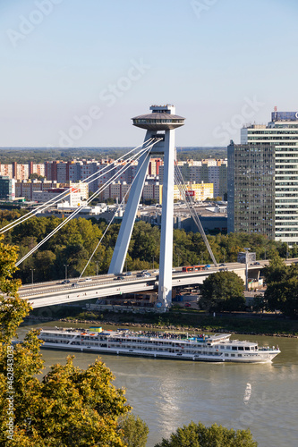 Slovakia, Bratislava, UFO restaurant over Most SNP bridge and ship photo