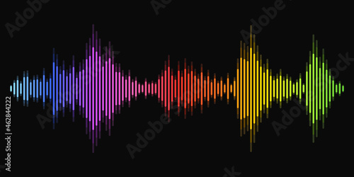 Vibrant rainbow colorful vector sound waves flow isolated on black background for music or presentation background. Spectral color music frequency.