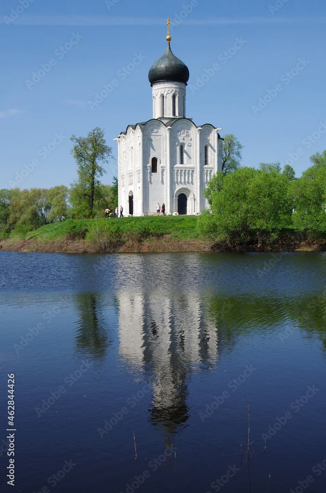 Russia, Bogolyubovo - May, 2021: Church of the Intercession on the Nerl. Orthodox church and a symbol of medieval Russia, Vladimir region