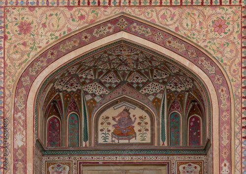Jaipur, Rajasthan, India- September 27, 2021:Ganesh Pol entrance in Amber Fort Palace, Jaipur, Rajasthan, India.