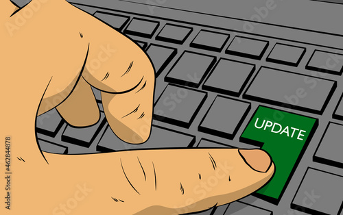 Update word on computer keyboard. Man push keypad on keyboard. Comic book style concept.