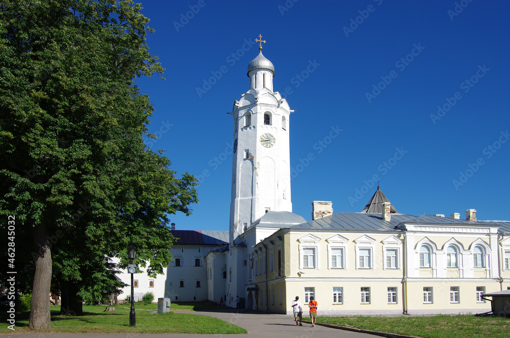 VELIKY NOVGOROD, RUSSIA - July, 2021: Chasozvonya in Novgorod Kremlin on summer sunny day
