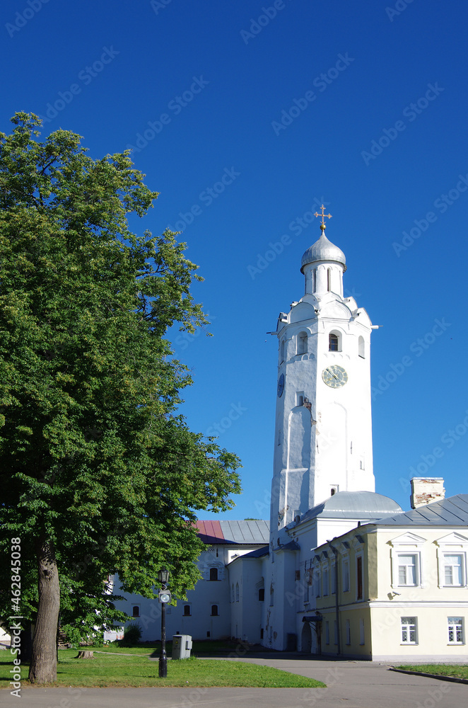 VELIKY NOVGOROD, RUSSIA - July, 2021: Chasozvonya in Novgorod Kremlin on summer sunny day VELIKY NOVGOROD, RUSSIA - July, 2021: Chasozvonya in Novgorod Kremlin on summer sunny day