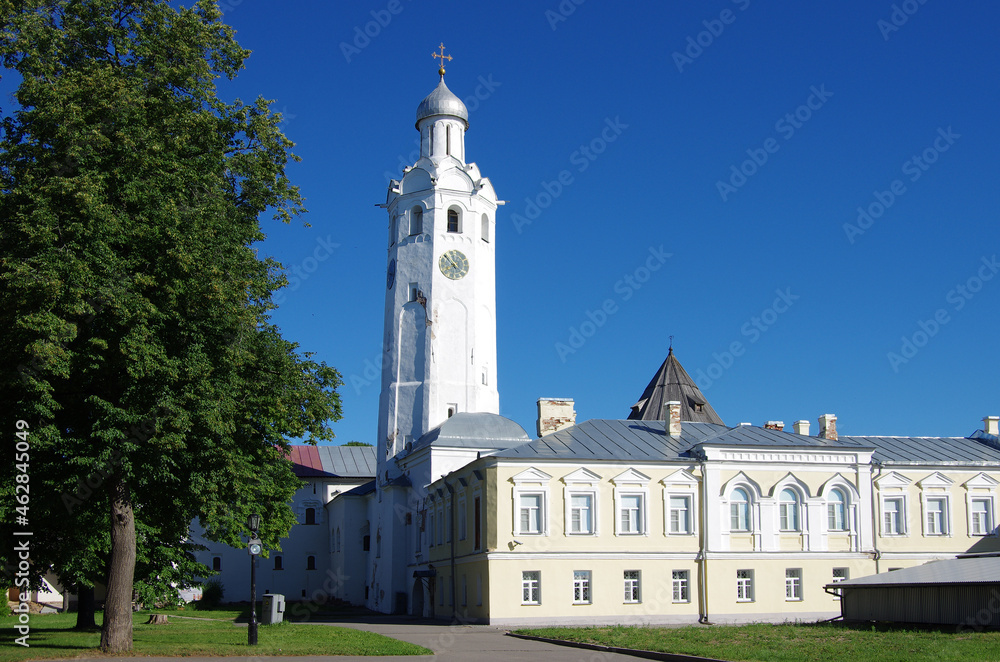 VELIKY NOVGOROD, RUSSIA - July, 2021: Chasozvonya in Novgorod Kremlin on summer sunny day