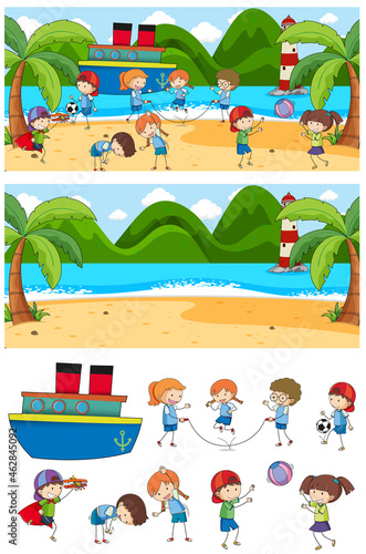 Set of different horizontal scenes background with doodle kids cartoon character