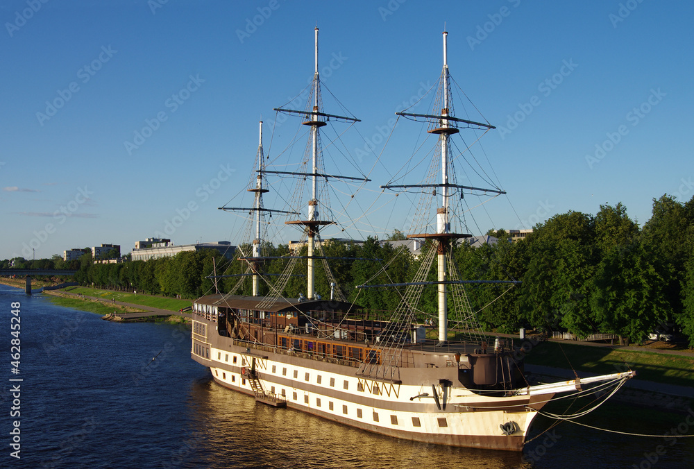 VELIKY NOVGOROD, RUSSIA - July, 2021: Frigate Flagman on the Volkhov River VELIKY NOVGOROD, RUSSIA - July, 2021: Frigate Flagman on the Volkhov River