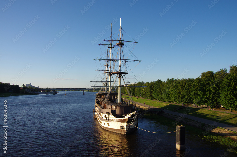 VELIKY NOVGOROD, RUSSIA - July, 2021: Frigate Flagman on the Volkhov River VELIKY NOVGOROD, RUSSIA - July, 2021: Frigate Flagman on the Volkhov River